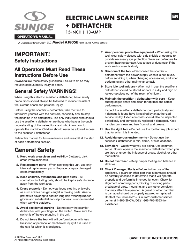 Page n°1 - Manuel utilisateur Sun Joe AJ805E