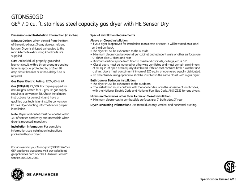 Page 1 de la notice Fiche technique GE GTDN550GDWW