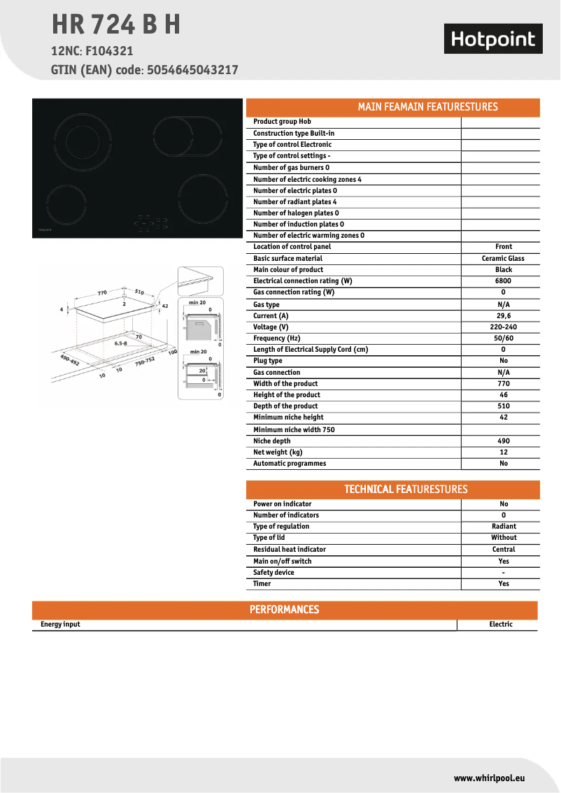 Page 1 de la notice Fiche technique Hotpoint HR 724 B H