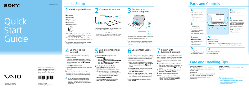 Page 1 de la notice Guide d'installation Sony Vaio Fit 13 SVF13N190S