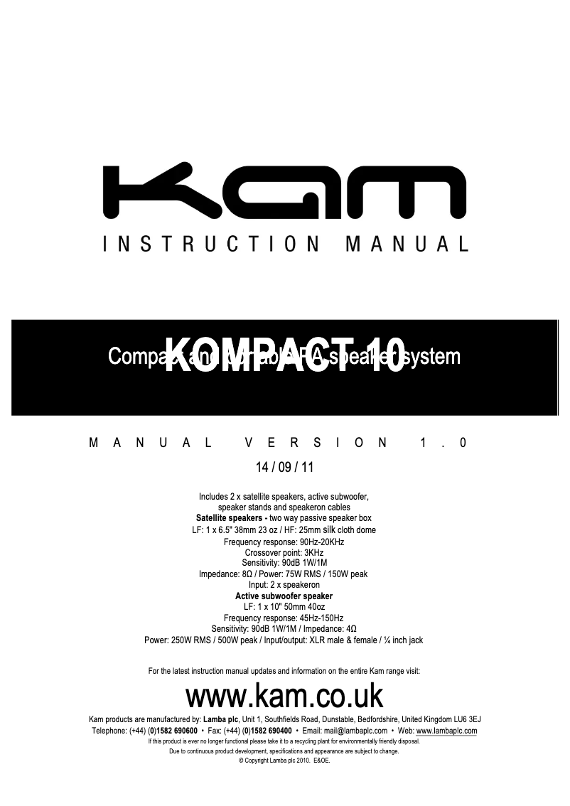 Page 1 de la notice Manuel utilisateur Kam Kompact 10