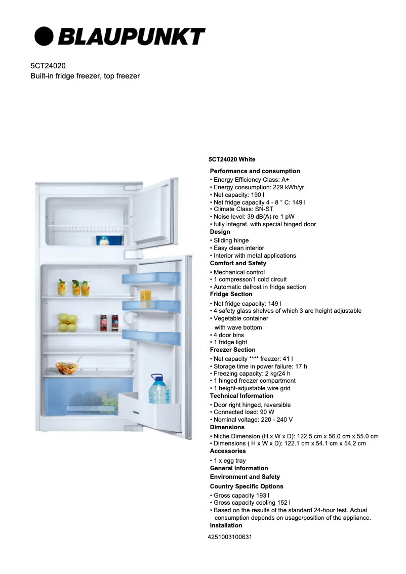 Page 1 de la notice Fiche technique Blaupunkt 5CT 24020