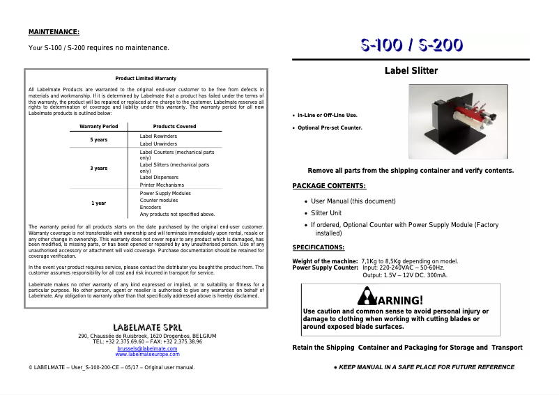Page n°1 - Manuel utilisateur Labelmate S-100S