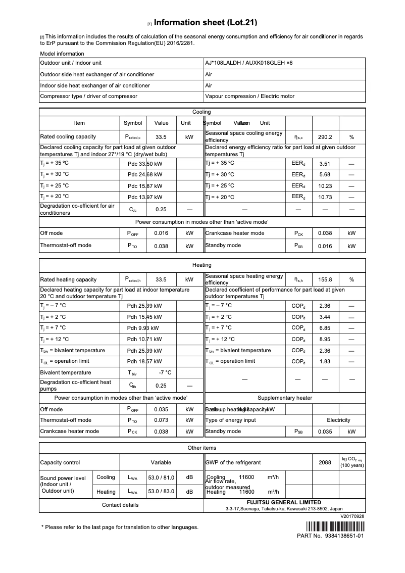 Page 1 de la notice Fiche technique Fujitsu AIRSTAGE AJY108LALDH