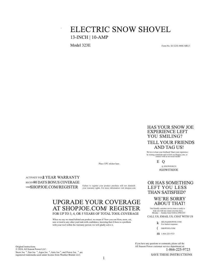 Page n°1 - Manuel utilisateur Snow Joe 323E