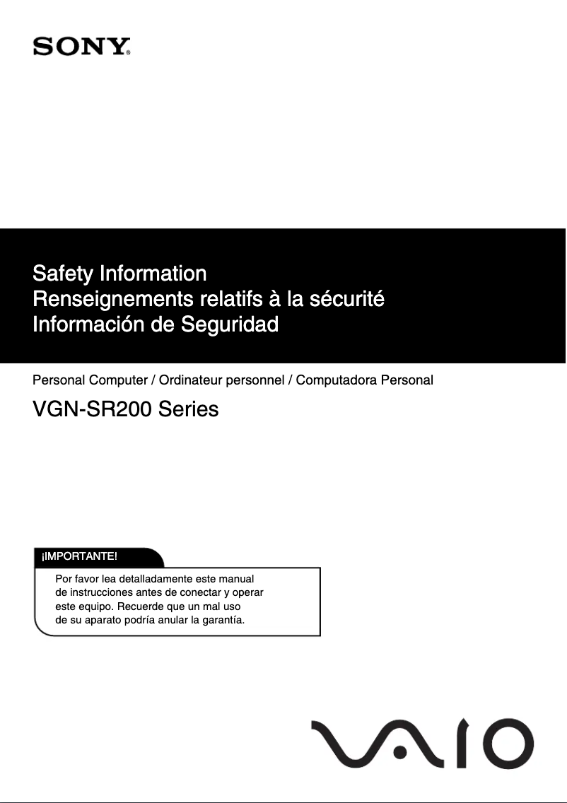 Page 1 de la notice Instructions de sécurité Sony Vaio VGN-SR240N