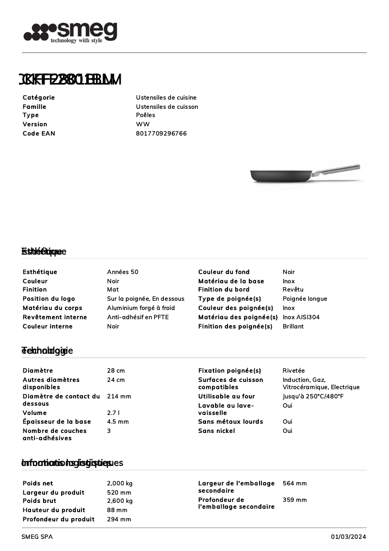 Page 1 de la notice Fiche technique Smeg CKFF2801BLM