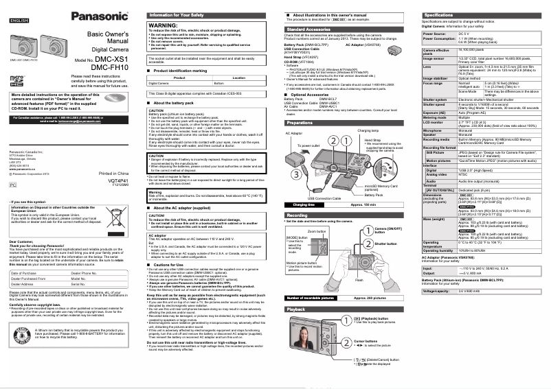 Page 1 de la notice Manuel utilisateur Panasonic Lumix DMC-FH10K