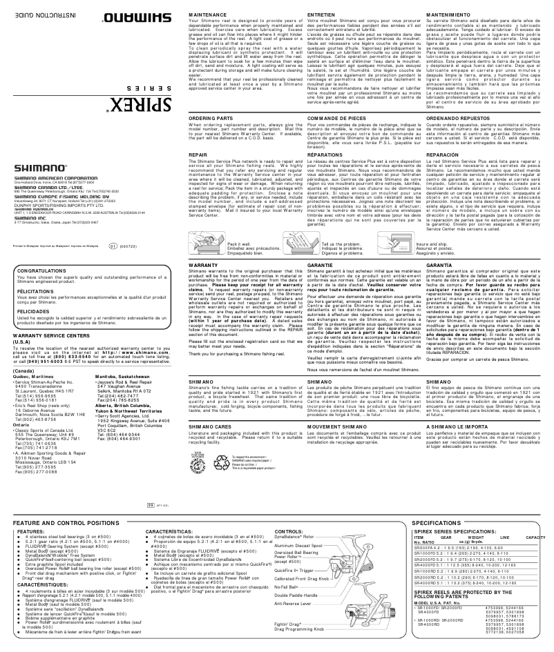 Page 1 de la notice Manuel utilisateur Shimano Spirex 500FA