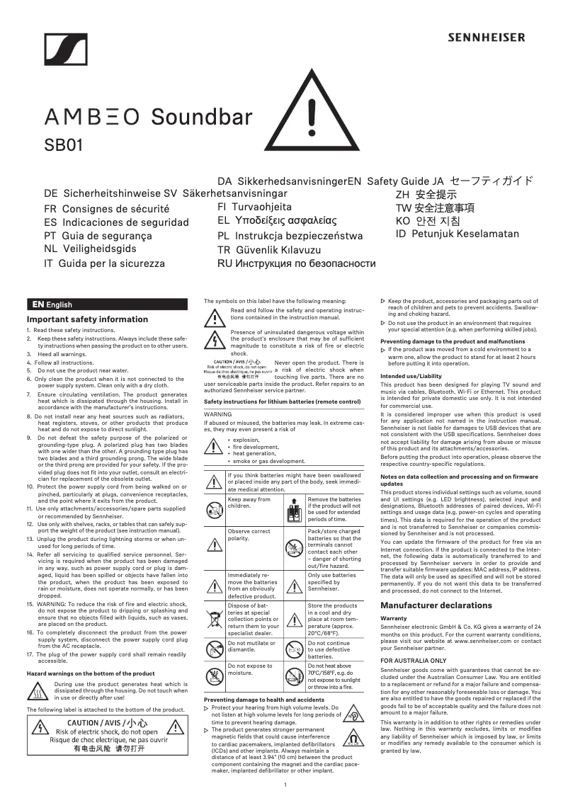 Page n°1 - Instructions de sécurité Sennheiser AMBEO SB01