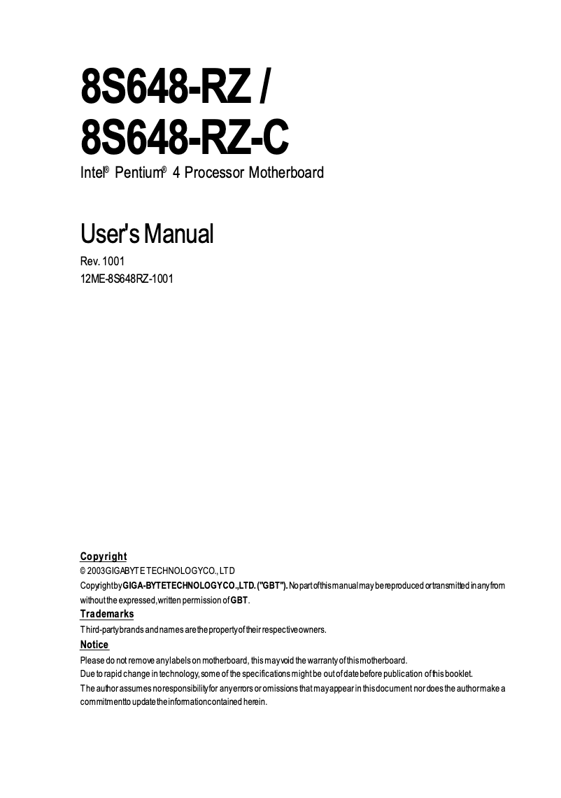 Page 1 de la notice Manuel utilisateur Gigabyte 8S648-RZC