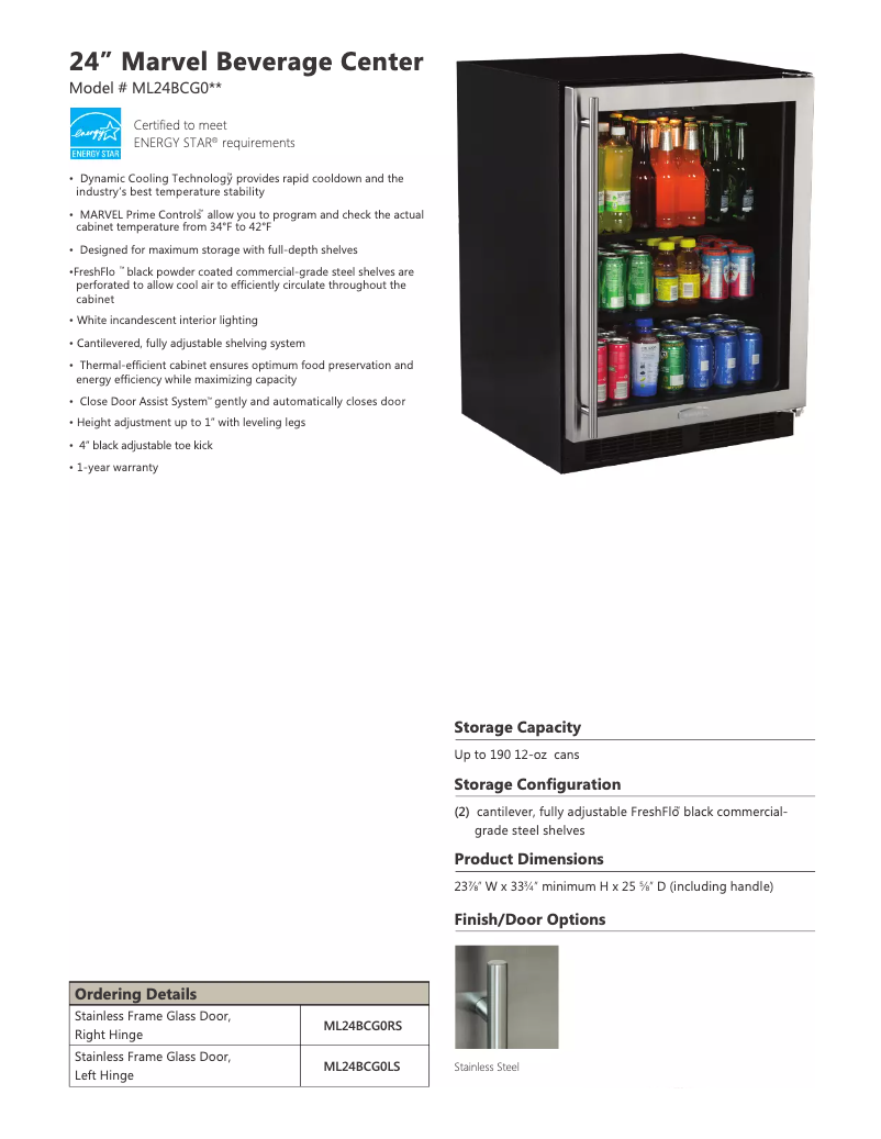 Page 1 de la notice Fiche technique Marvel ML24BCG0LS