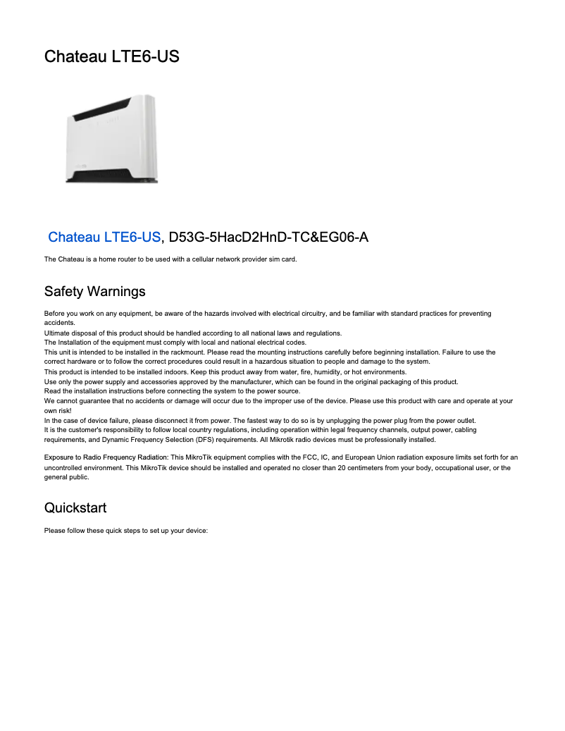 Page 1 de la notice Manuel utilisateur Mikrotik Chateau LTE6-US
