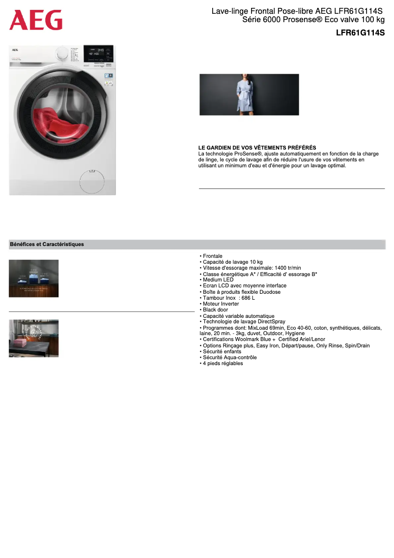 Page 1 de la notice Fiche technique AEG LFR61G114S