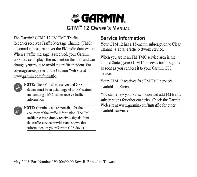 Page n°1 - Manuel utilisateur Garmin GTM 12 TMC