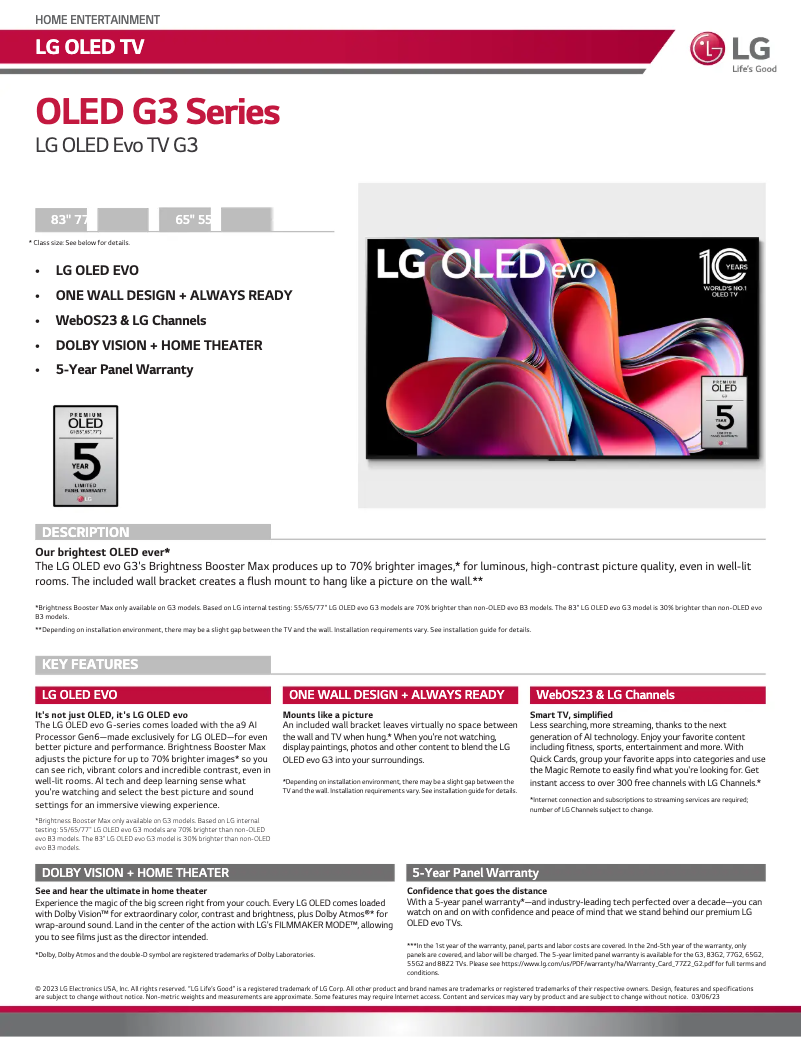 Page 1 de la notice Fiche technique LG OLED55G3PUA