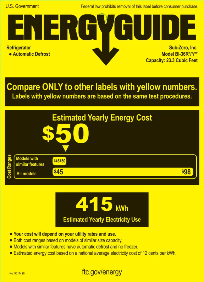 Page n°1 - Label énergétique Sub-Zero BI-36RO