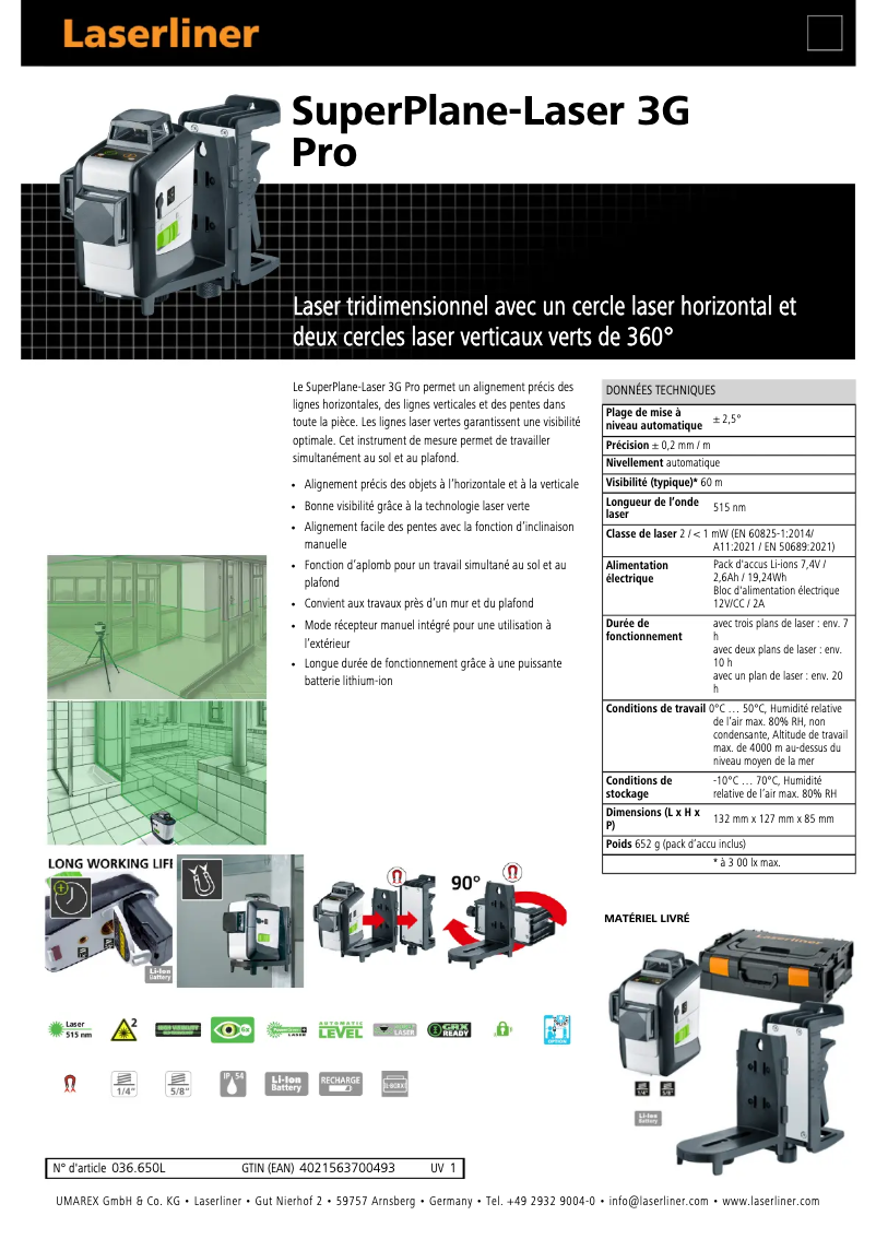 Page 1 de la notice Fiche technique Laserliner SuperPlane-Laser 3G Pro