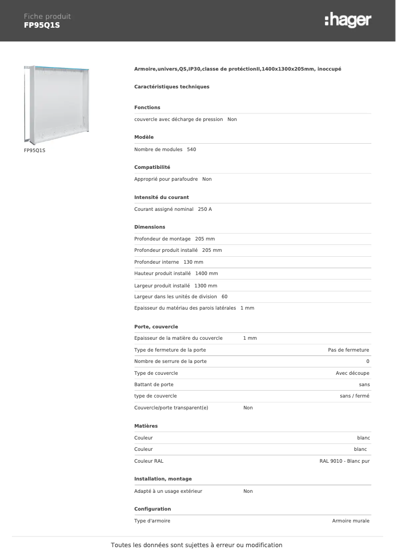 Page 1 de la notice Manuel utilisateur Hager FP95Q1S