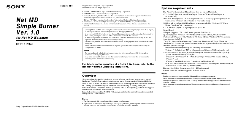 Page 1 de la notice Guide d'installation Sony MZ-NF810CK