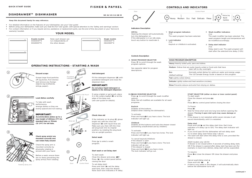 Page n°1 - Guide de démarrage rapide Fisher & Paykel DD60SDFHX9