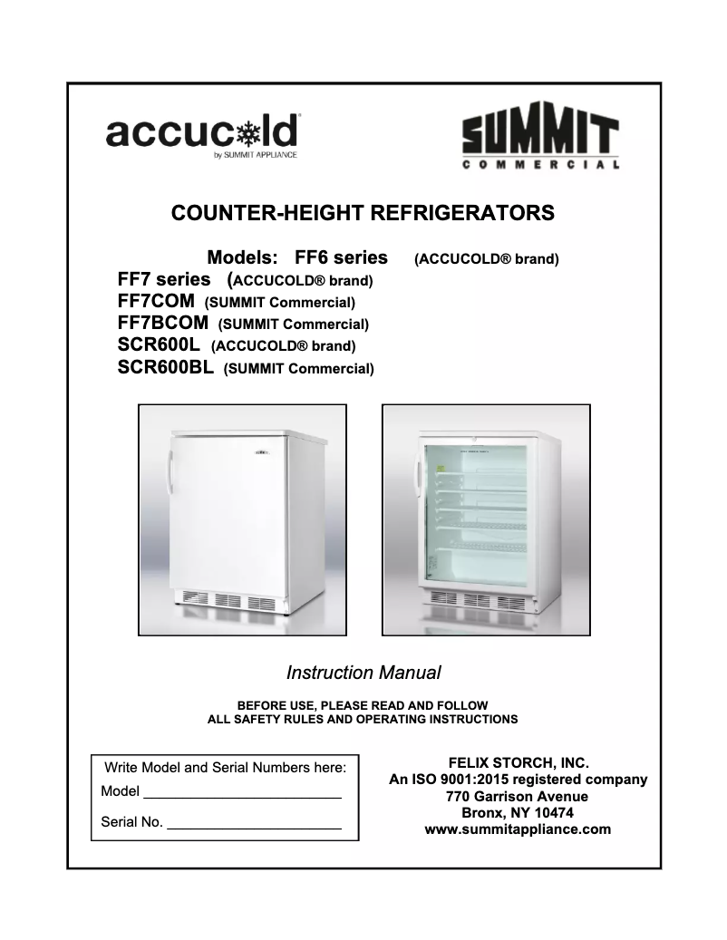 Page 1 de la notice Manuel d'utilisation et d'entretien Summit FF6L