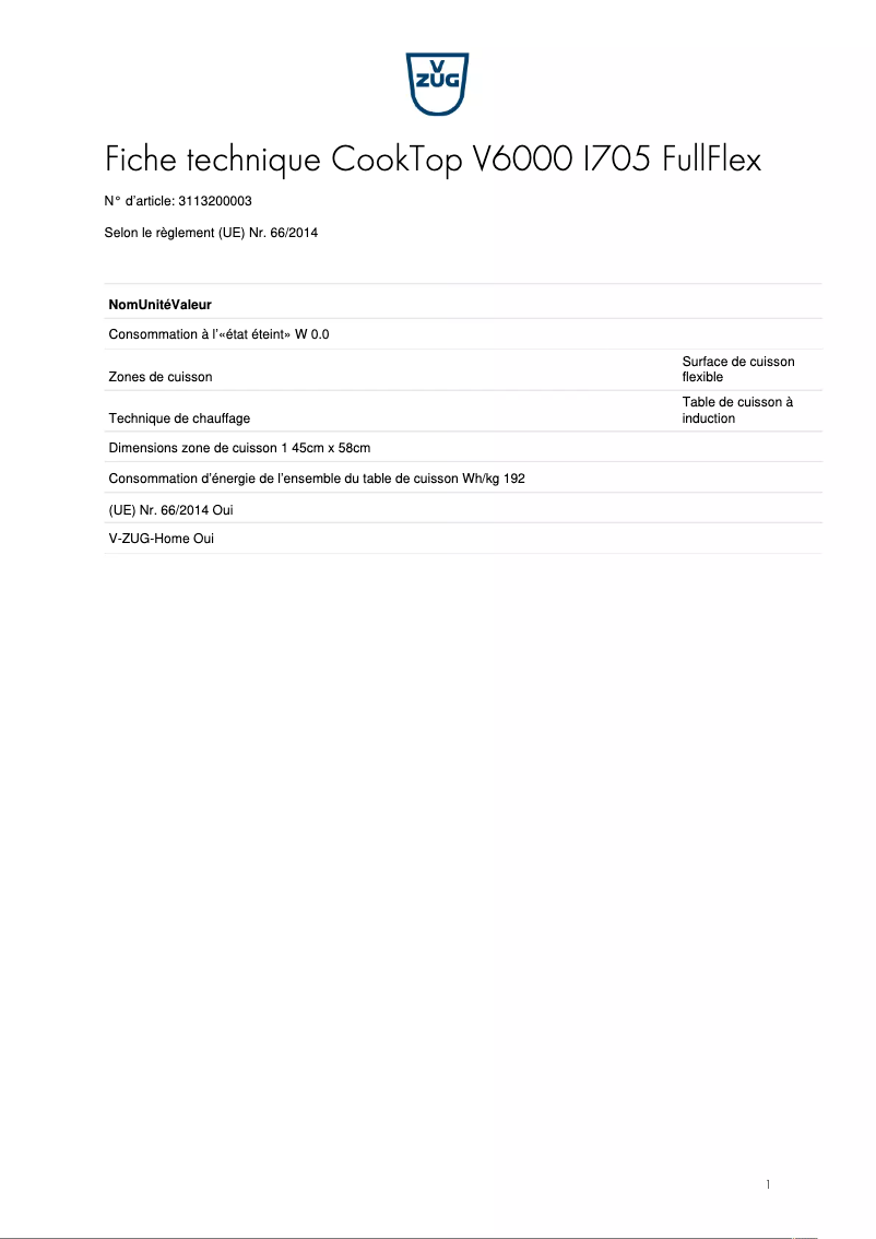 Image de la première page du manuel de l'appareil CookTop V6000 I705 FullFlex