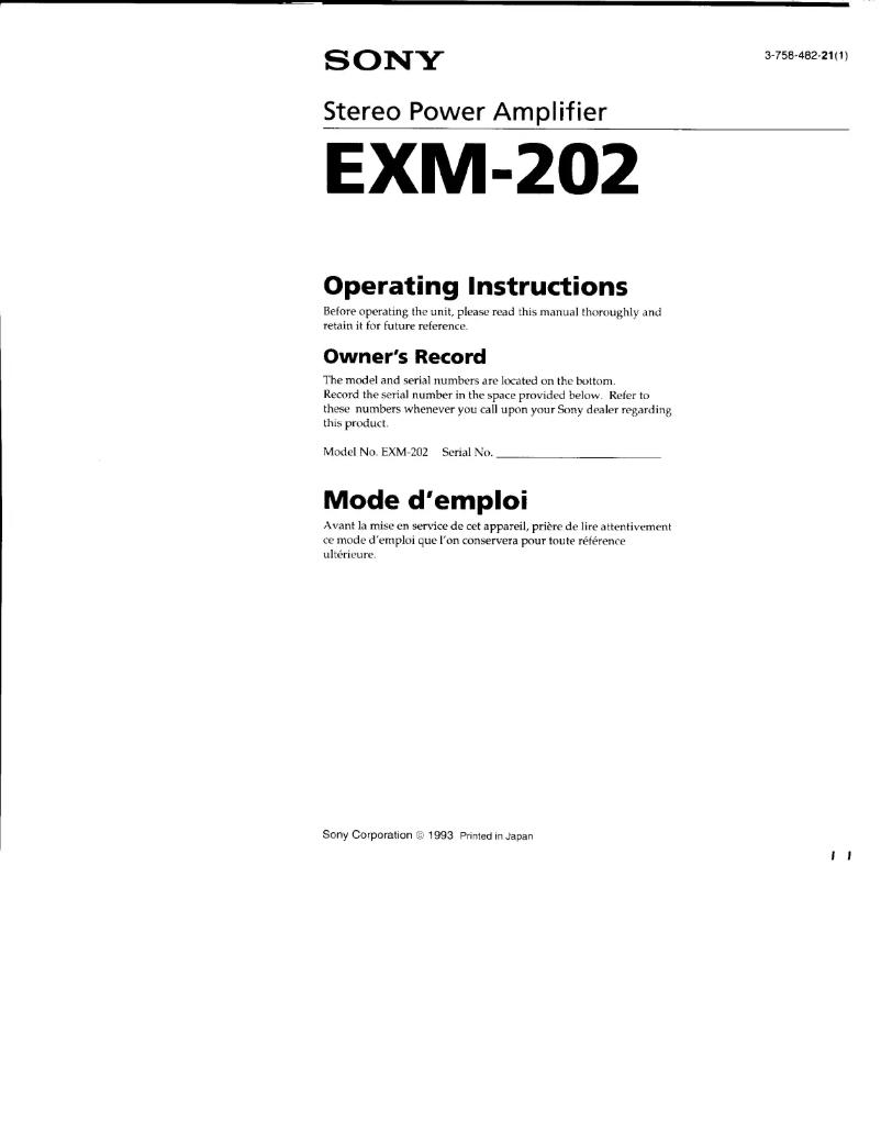 Page 1 de la notice Manuel utilisateur Sony EXM-202