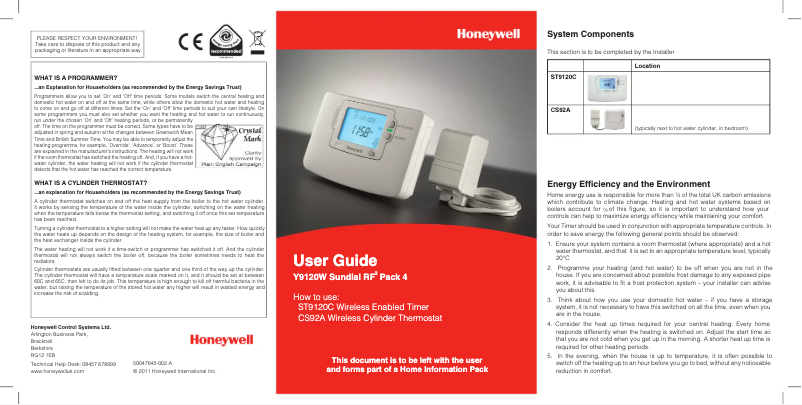 Page 1 de la notice Manuel utilisateur Honeywell Sundial RF2 Y9120W