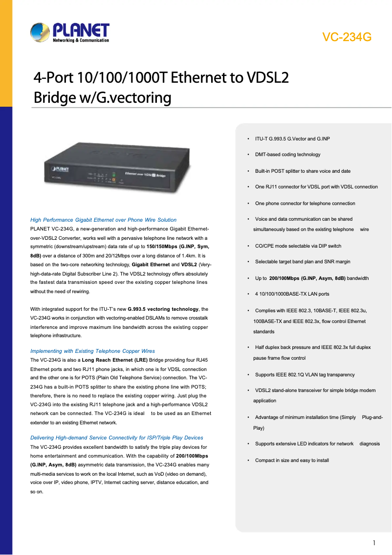 Page 1 de la notice Fiche technique Planet VC-234G