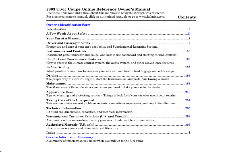 Image de la première page du manuel de l'appareil Civic Coupe (2003)