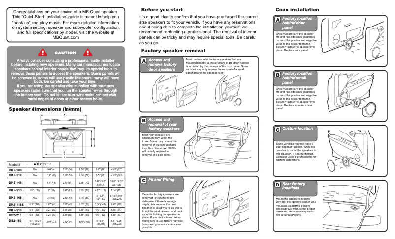 Page 1 de la notice Guide de démarrage rapide MB Quart DK2-108