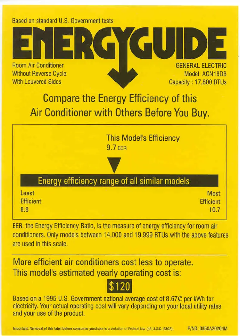 Page 1 de la notice Label énergétique GE Quiet-Aire AGN18DB