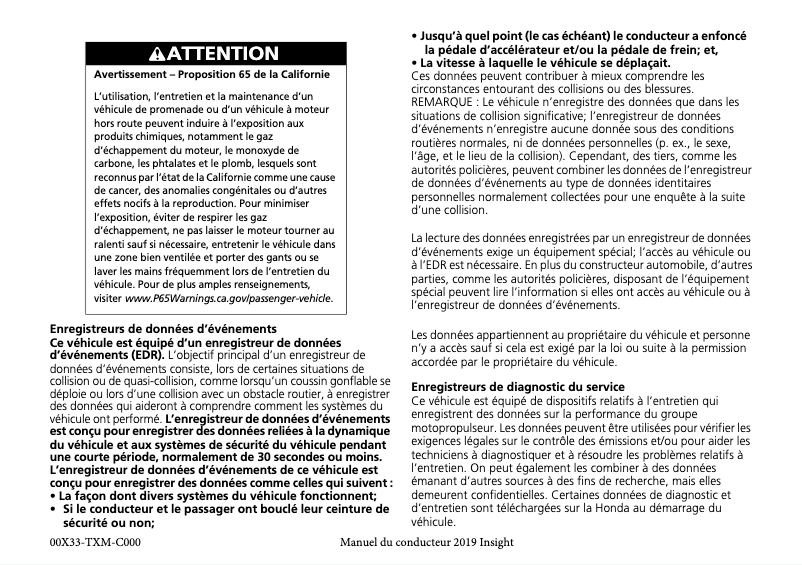Page 1 de la notice Manuel utilisateur Honda Insight (2019)