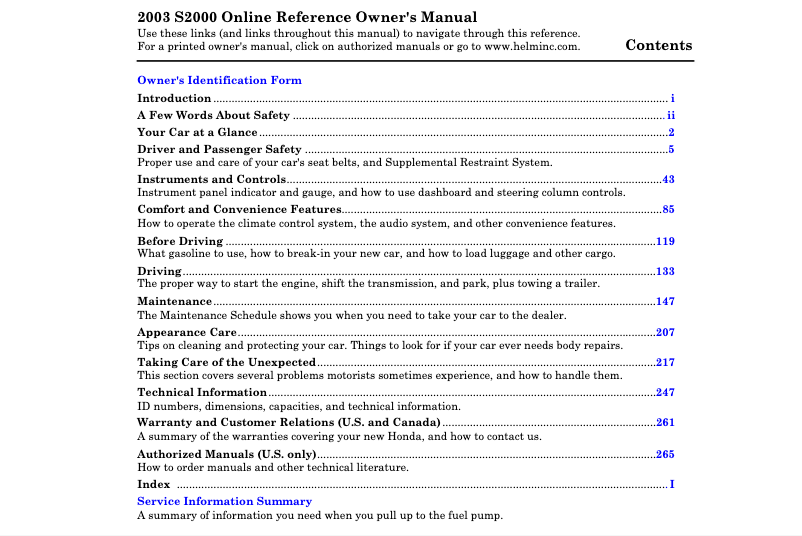 Page 1 de la notice Manuel utilisateur Honda S2000 (2003)