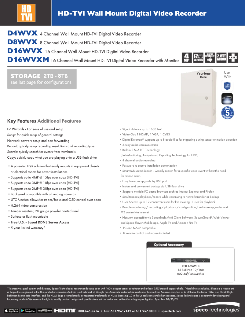 Page 1 de la notice Fiche technique Speco Technologies D16WVX