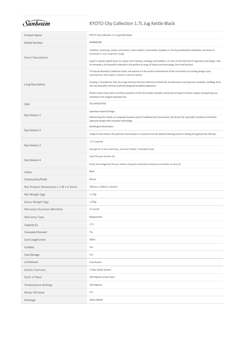 Página 1 del manual Ficha técnica Sunbeam Kyoto City KEM8007