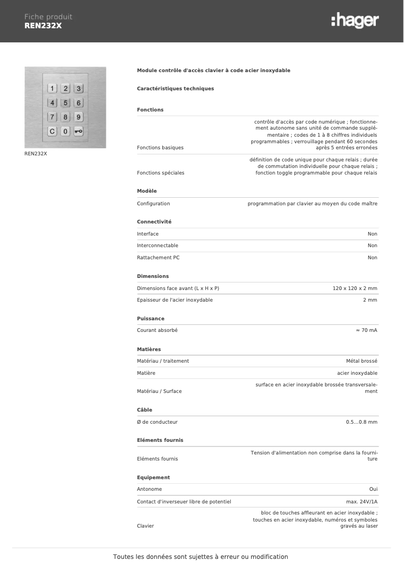 Page 1 de la notice Fiche technique Elcom REN232X