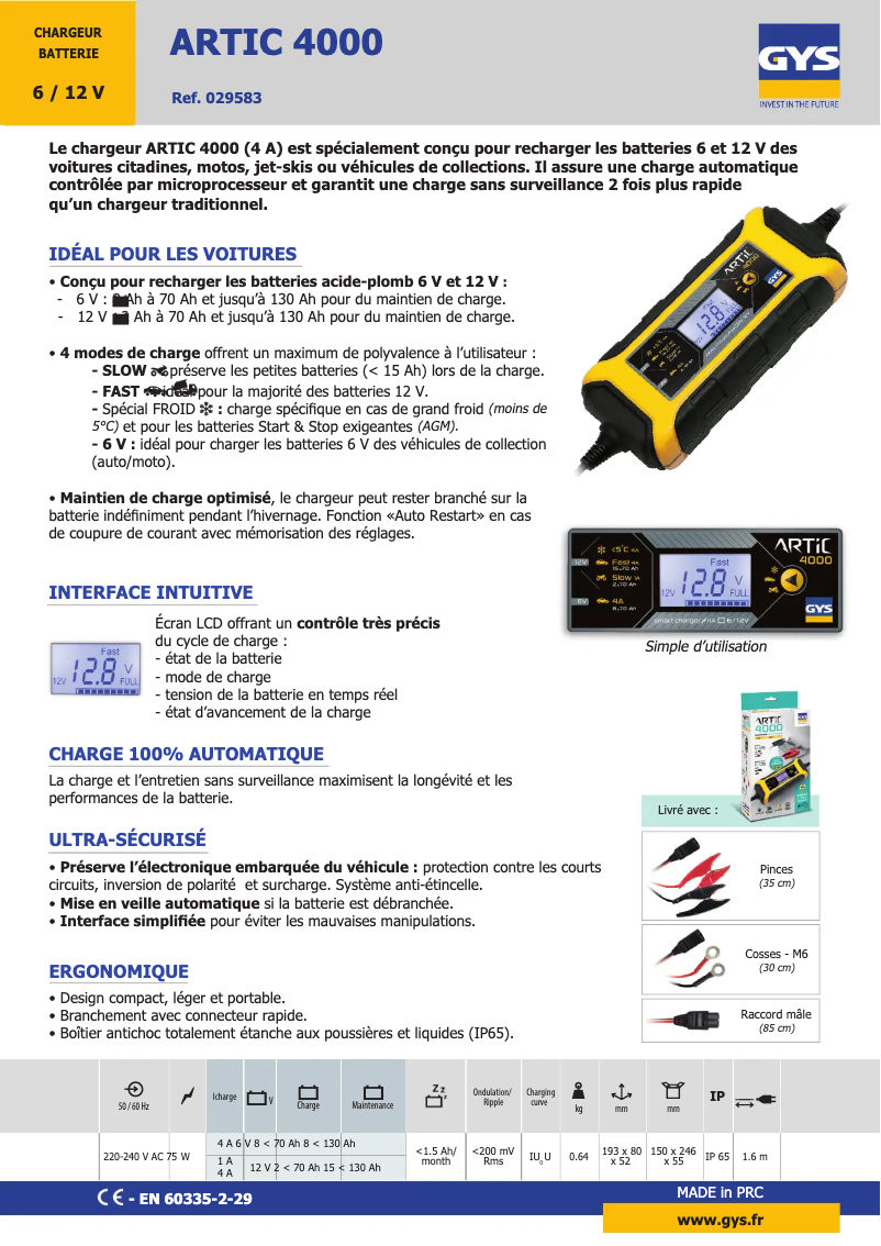 Page 1 de la notice Fiche technique GYS Artic 4000