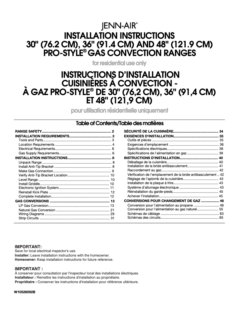 Page 1 de la notice Guide d'installation JennAir JGRP430WP