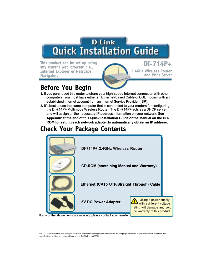Page 1 de la notice Guide d'installation D-Link DI-714P+