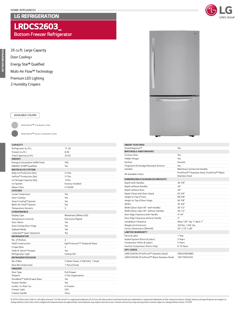 Page 1 de la notice Fiche technique LG LRDCS2603D