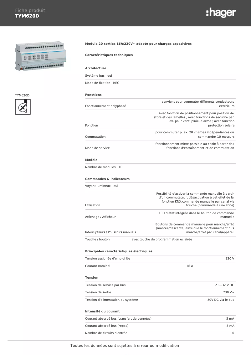 Page 1 de la notice Fiche technique Hager TYM620D