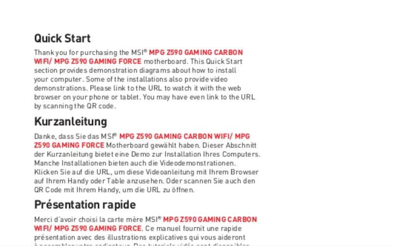 Image de la première page du manuel de l'appareil MPG Z590 Gaming Carbon WIFI