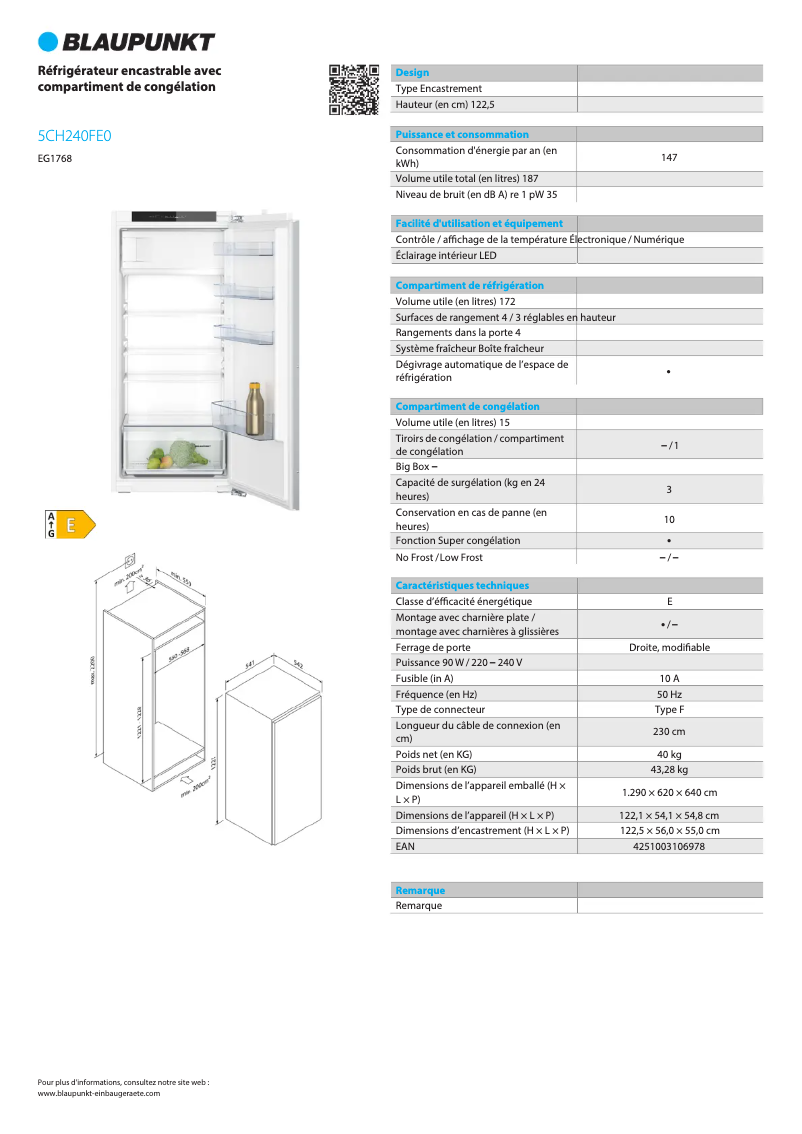 Page 1 de la notice Fiche technique Blaupunkt 5CH240FE0