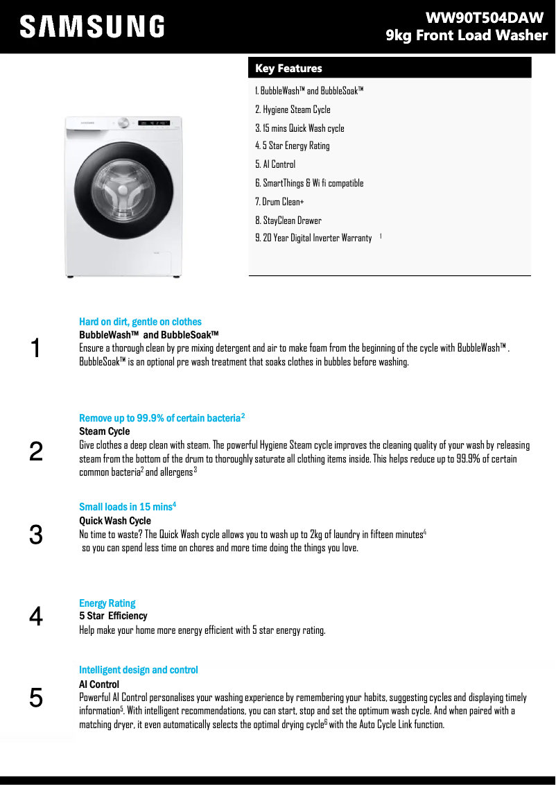 Page 1 de la notice Fiche technique Samsung WW90T504DAW