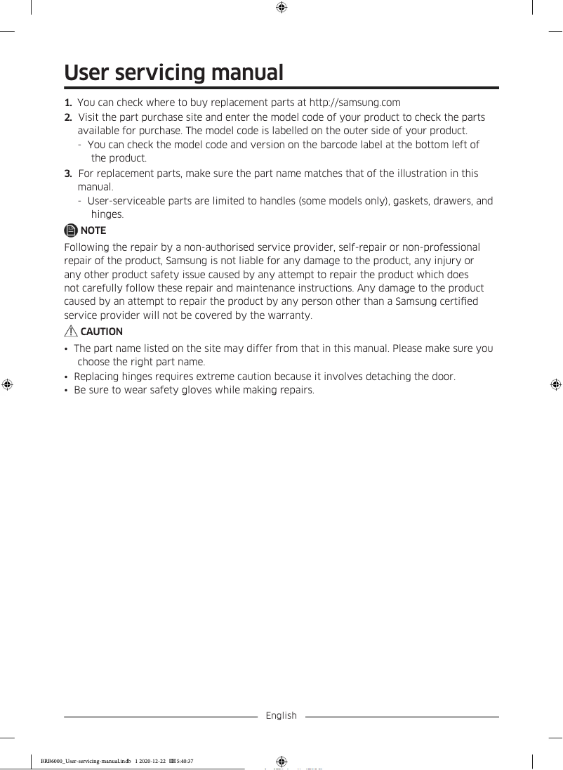 Page 1 de la notice Manuel utilisateur Samsung BRB2G0131WW