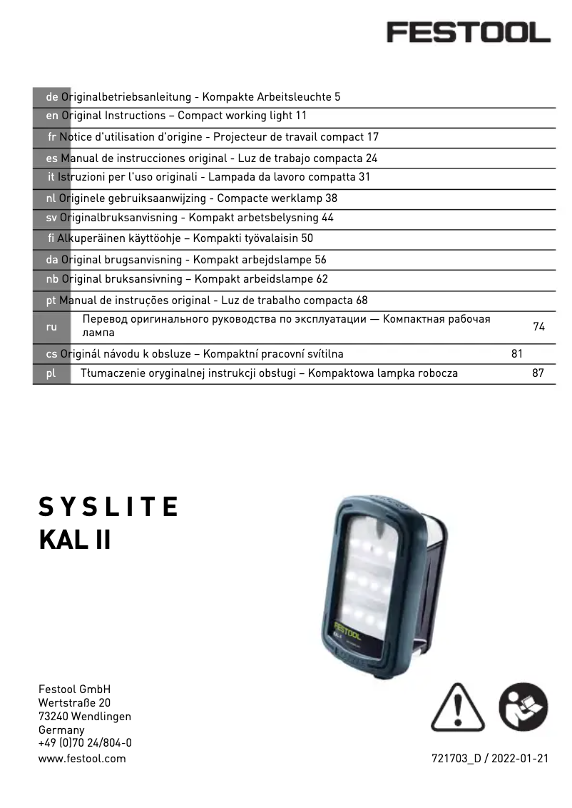 Page 1 de la notice Manuel utilisateur Festool Syslite KAL II