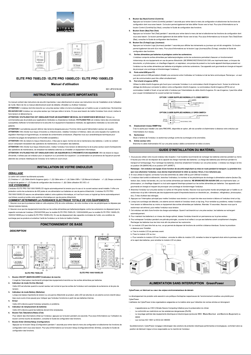 Page n°1 - Manuel utilisateur Nitram ELITE PRO 1000ELCD