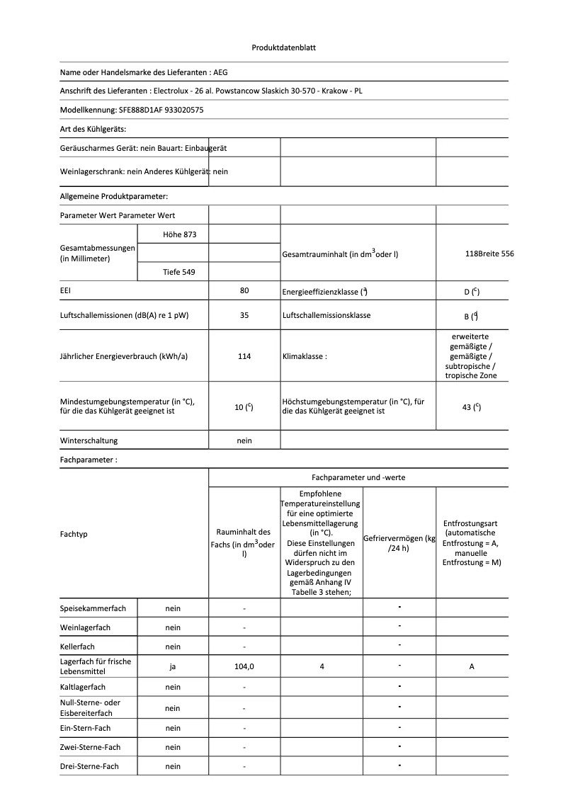 Page 1 de la notice Fiche technique AEG SFE888D1AF